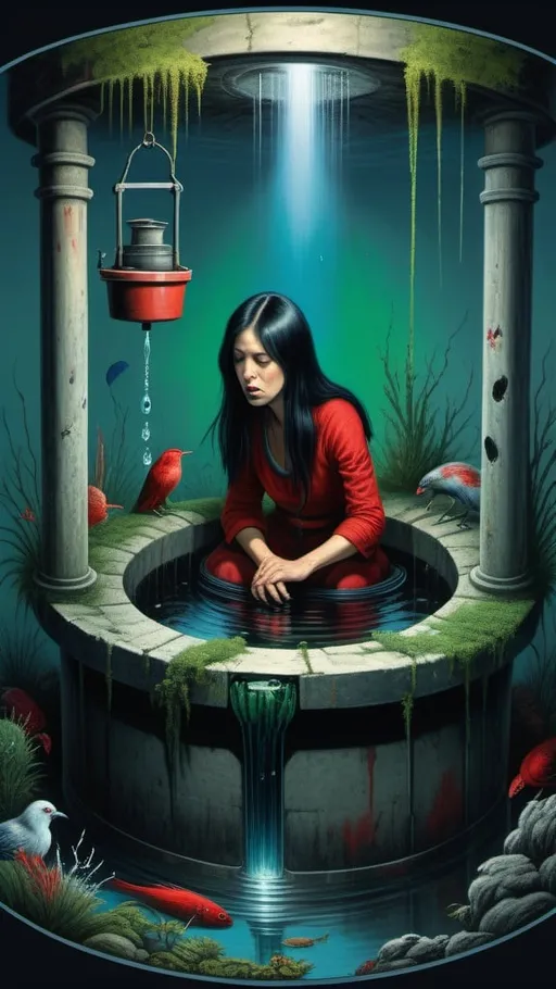 Prompt: Hocusai illustarition of woman with black long hair crowling out of a well, red, pastel, blue, white, green, seaweed, algae, modern appartment submerged in water, top dow view, dark, grim, horror, hyperdetailed, ink 8k, hd, painting, trending on artstation