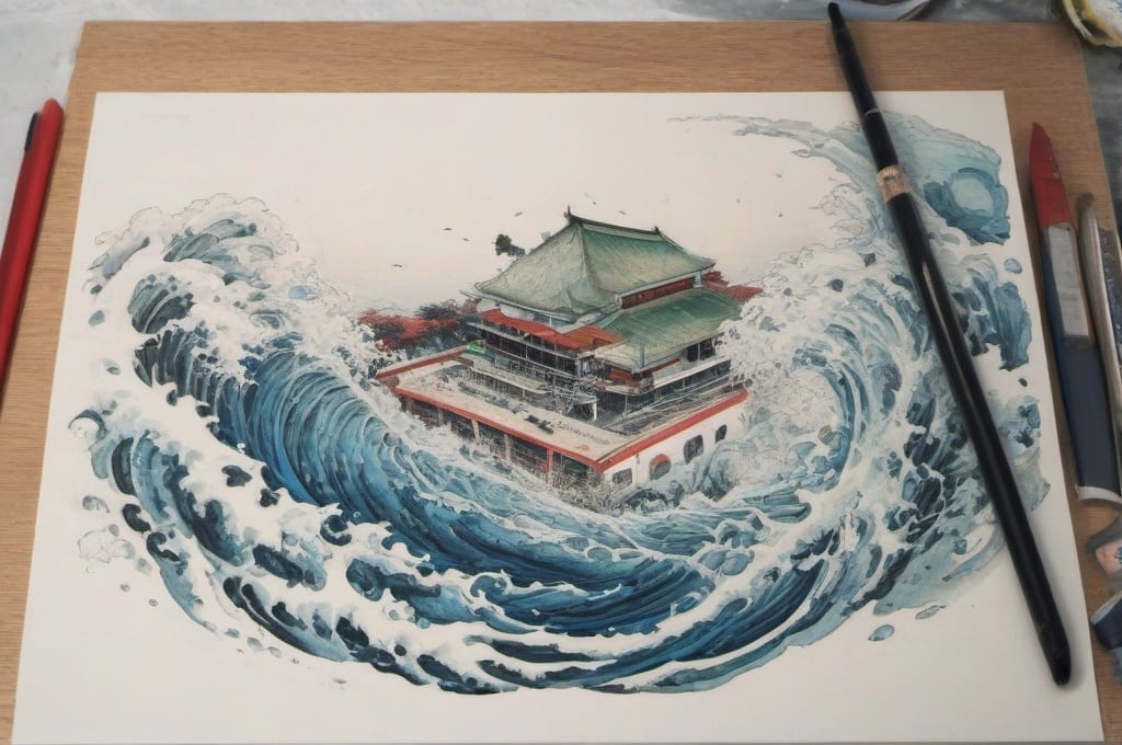 Prompt: Hohokusai, illustarition, red, blue, green, foam, white background, modern appartment submerged in water, top dow view, grim, hyperdetailed, ink 8k, hd, painting, trending on artstation