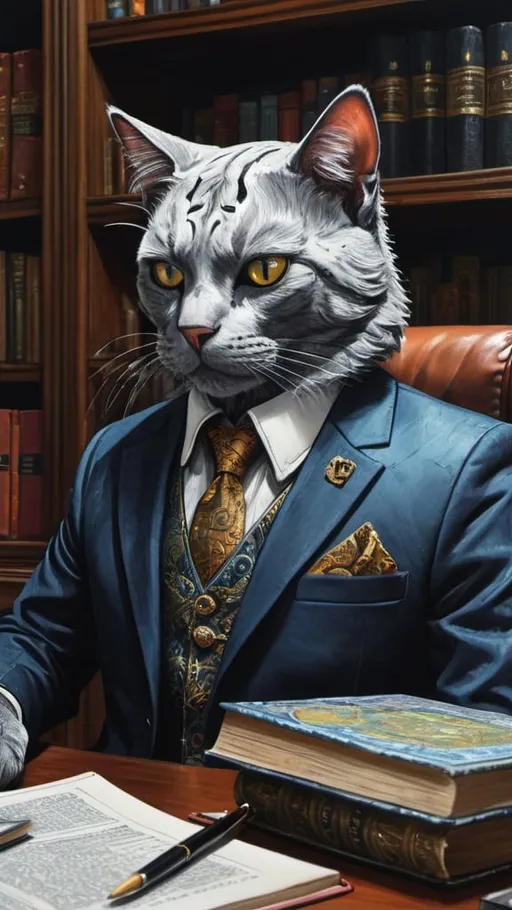 Prompt: cat in suit in his office, vibrant, grim, hystorical, intricate details, books, ink, paper, hyperdetailed, 4k, painting, trending on artstation, cinematic