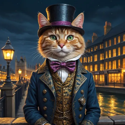 Prompt: cat dressed gentry, london bridge 1900, traveling England, city, vibrant, grim, romantic, night, glow, hystorical, intricate details, hyperdetailed, 4k, painting, trending on artstation