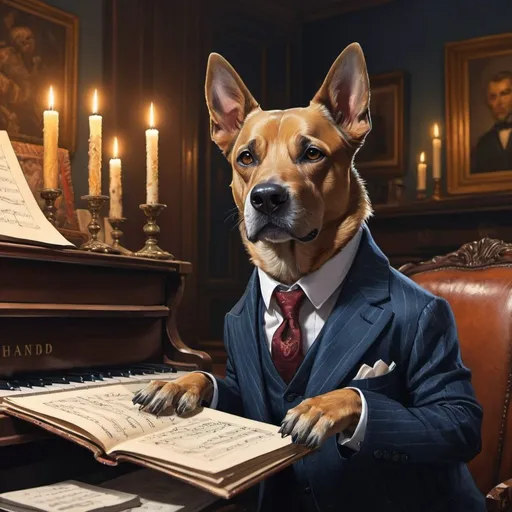 Prompt: dog in suit by the piano, vibrant, grim, hystorical, intricate details, books, note sheets, ink, paper, chimney, candles, glow, hyperdetailed, 4k, painting, trending on artstation