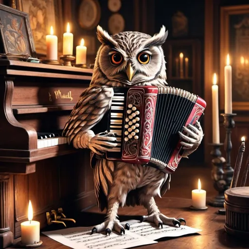 Prompt: an owl dressed  playing accordion, sitting by the piano, drums, vibrant, grim, hystorical, intricate details, note sheets, ink, paper, chimney, candles, glow, hyperdetailed, 4k, painting, trending on artstation