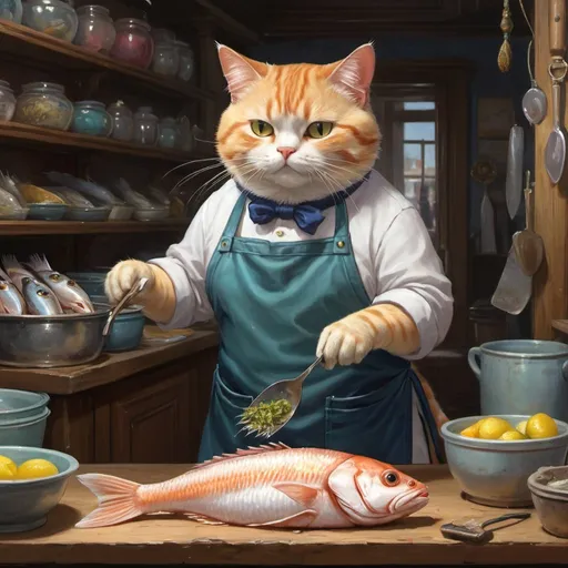 Prompt: 1 cat  in an apron working in a store, cuttung fish, 1880,  fat orslim, Europe, Asia, mansion, vibrant, glow,  romantic, hystorical, intricate details, hyperdetailed, 4k, painting, trending on artstation