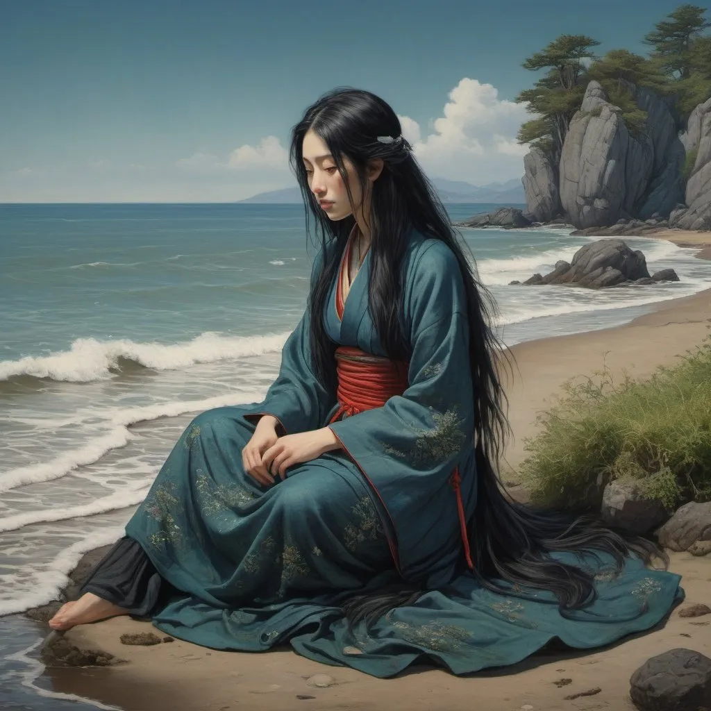 Prompt: Hokusai, Shishkin, Vereshchagin, full body portrait of a woman with long straight black hair, sitting by a sea shore, algae, royal, red, blue, green, dark, grim, horror, hyperdetailed, ink 8k, hd, painting, trending on artstation 