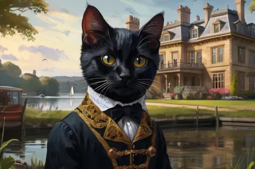 Prompt: black kittens and a cat dressed gentry, 1800, traveling England, lake, mansion, vibrant, grim, romantic, hystorical, intricate details, hyperdetailed, 4k, painting, trending on artstation