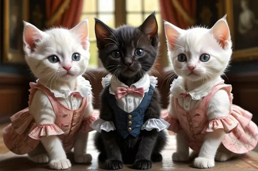 Prompt: 3 kittens: 2 black male kittens dressed gentry, playng, swings, and 1 white kitten in a dress, 1800, raveling England, France, lake, glow, mansion, vibrant, grim, romantic, hystorical, intricate details, hyperdetailed, 4k, painting, trending on artstation
