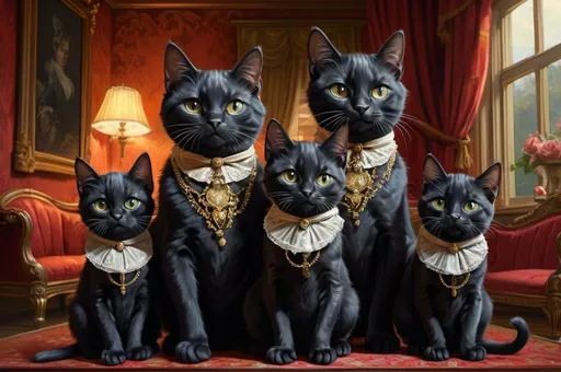 Prompt: black kittens and a cat dressed gentry, 1800,  Francr, fat and slim, lake, mansion, swing, vibrant, grim, glow,  romantic, hystorical, intricate details, hyperdetailed, 4k, painting, trending on artstation
