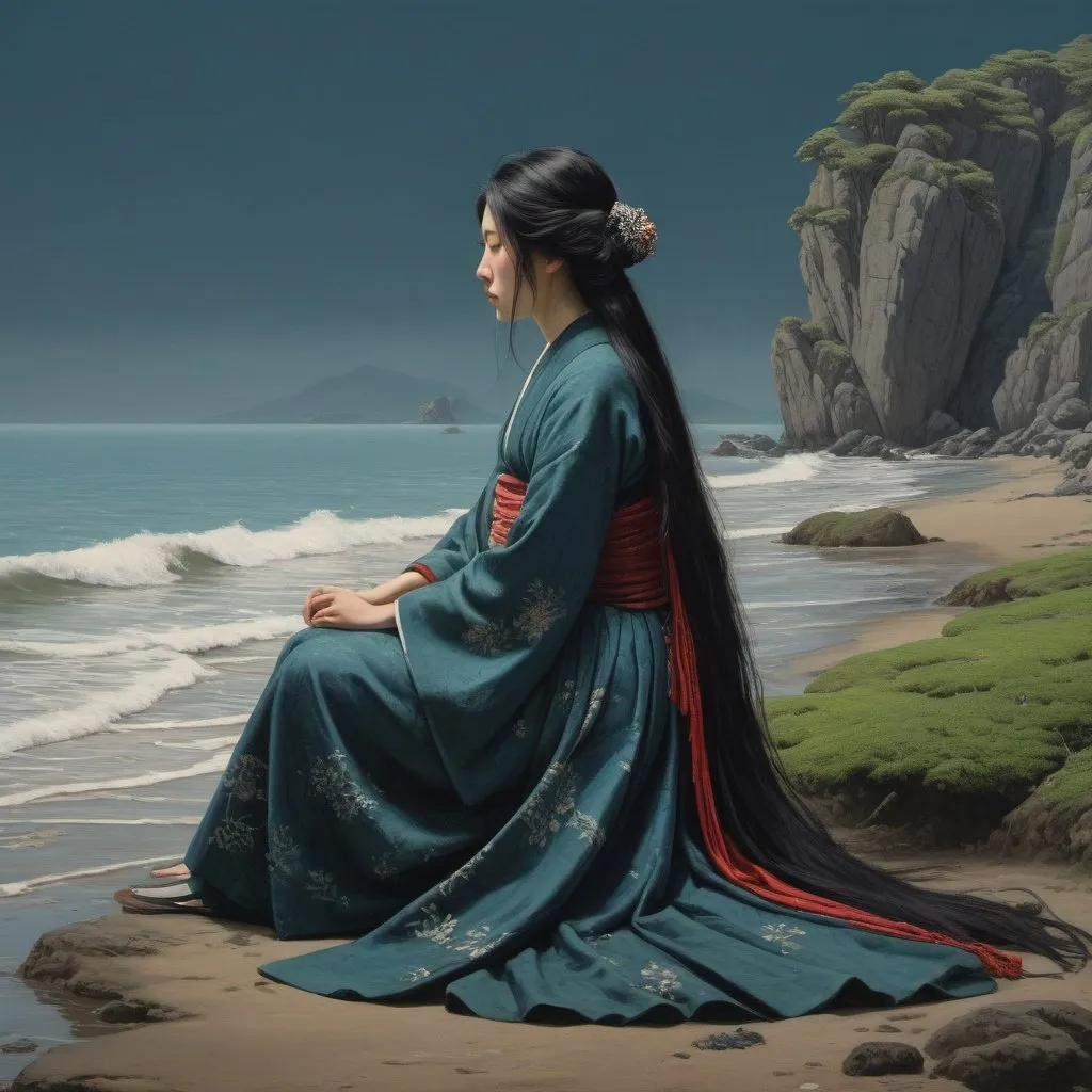 Prompt: Hokusai, Shishkin, Vereshchagin, full body profile portrait of a woman with long straight black hair, sitting by a sea shore, algae, royal, red, blue, green, dark, grim, horror, hyperdetailed, ink 8k, hd, painting, trending on artstation 