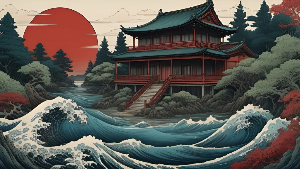 Prompt: Hokusai, mansion red, blue, green, seaweed, algae, top dow view, dark, panorama, grim, horror, hyperdetailed, ink 8k, hd, painting, trending on artstation 