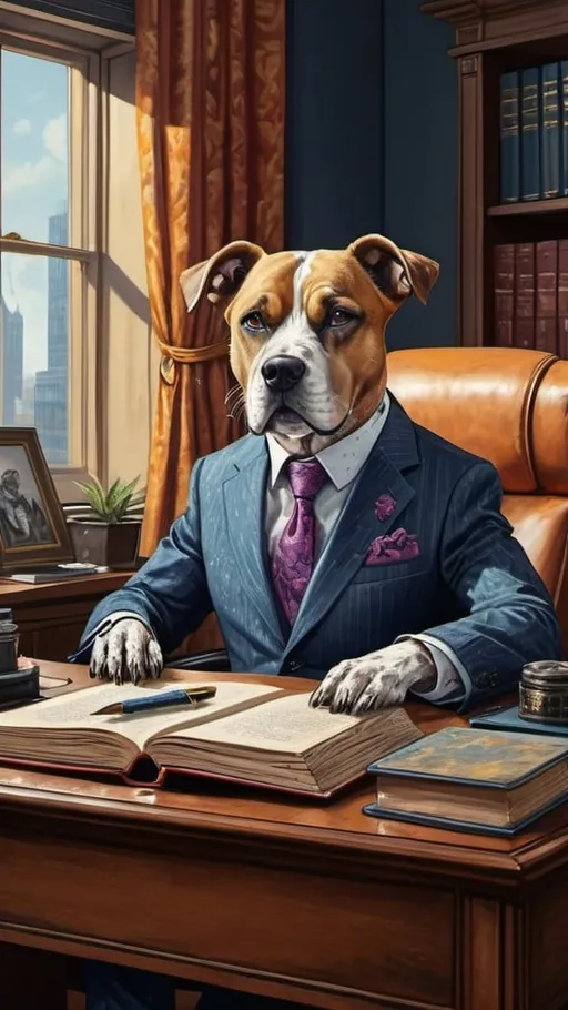 Prompt: dog in suit in his office, vibrant, grim, hystorical, intricate details, books, ink, paper, hyperdetailed, 4k, painting, trending on artstation