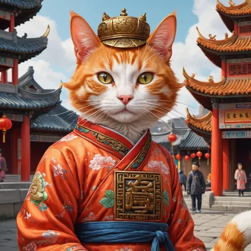 Prompt: a ginger cat dresssed, had piece fesk, traveling China, tourist, vibrant, hystorical, intricate details, forbiden city, hyperdetailed, 4k, painting, trending on artstation