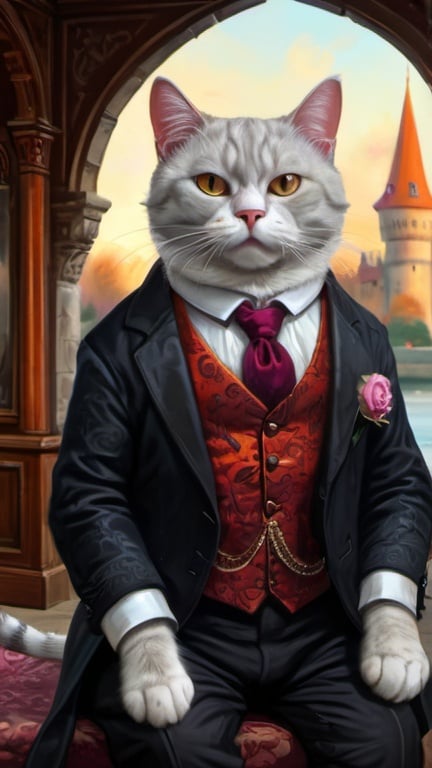 Prompt: cat dressed for wedding, gentry, goth, 1880,  fat and slim, lake, castle, Europe, Asia, mansion, swing, vibrant, grim, glow,  romantic, hystorical, intricate details, hyperdetailed, 4k, painting, trending on artstation