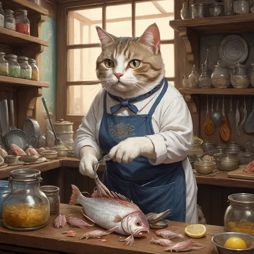Prompt: 1 cat  in an apron working in a store, cuttung fish, 1880,  fat orslim, Europe, Asia, mansion, vibrant, glow,  romantic, hystorical, intricate details, hyperdetailed, 4k, painting, trending on artstation