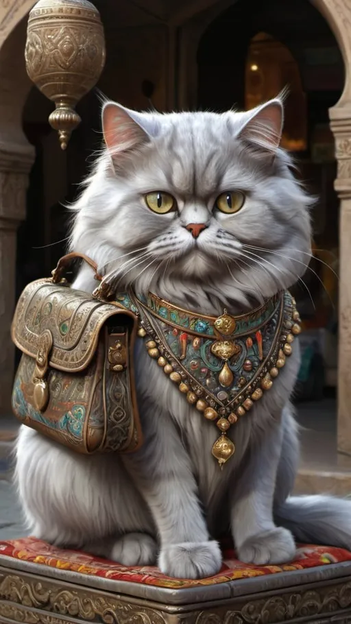 Prompt: persian gray cat dresssed, fesk, Persia, vibrant, hystorical, grim intricate details, traveling bag, scrolls, vase, street vendor, hyperdetailed, 4k, painting, trending on artstation