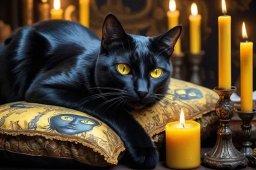 Prompt: black cat with yellow eyes lying on a pillow, boudoir, vibrant, grim, candles, hystorical, intricate details, books, ink, paper, hyperdetailed, 4k, painting, trending on artstation, cinematic