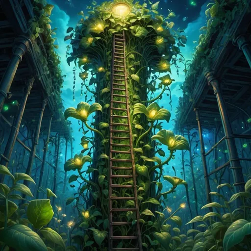 Prompt: looking up beanstalk with a ladder leading up, fantasy field, vibrant, grim, intricate details, fireflies, green and blue glow, hyperdetailed, 4k, painting, trending on artstation