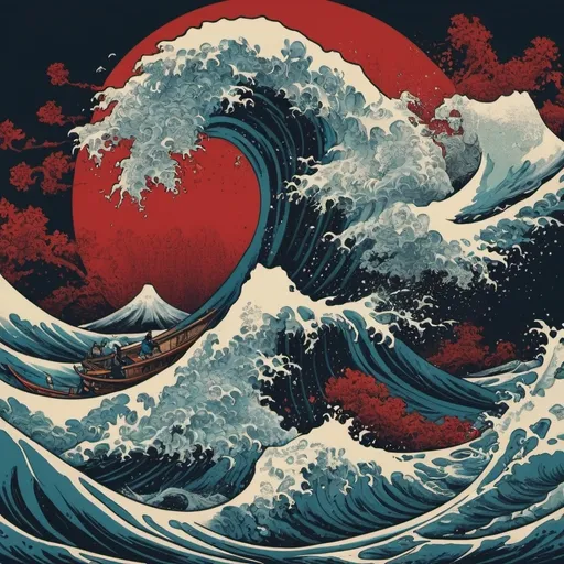 Prompt: seaside scene in Hokusai, Vereshchagin style, red, blue, green background, dark, grim, swerve, swirl, horror, hyperdetailed, ink 8k, hd, painting, trending on artstation 