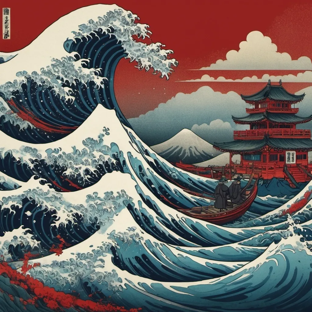 Prompt: seaside scene in Hokusai, Vereshchagin style, red, blue, green background, dark, grim, swerve, swirl, horror, hyperdetailed, ink 8k, hd, painting, trending on artstation 