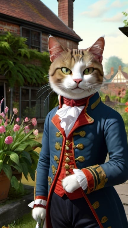 Prompt: cat dresssed  gentry, garden, 1780, traveling England, vibrant, grim, romantic, hystorical, intricate details, hyperdetailed, 4k, painting, trending on artstation