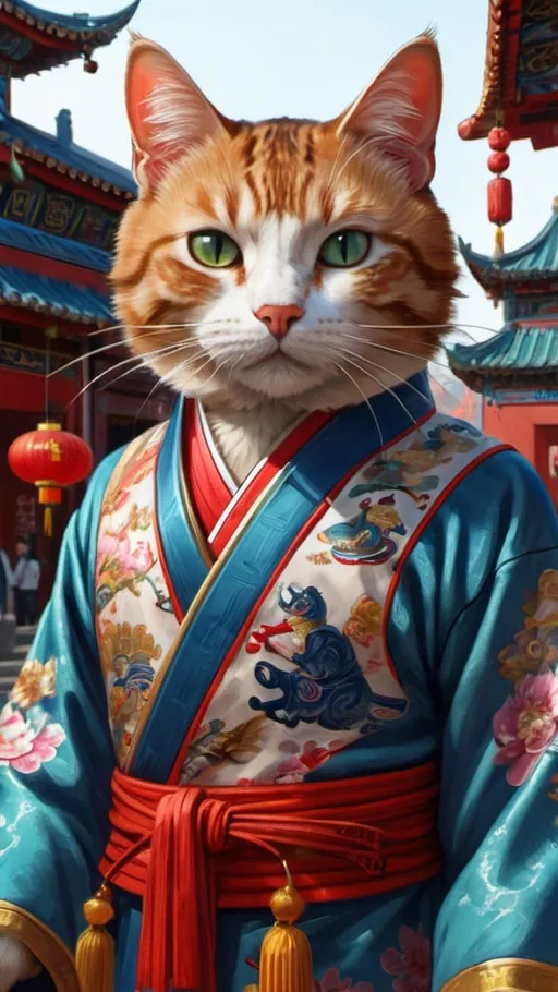 Prompt: 
a cat dresssed, had piece fesk, traveling China, tourist, vibrant, hystorical, intricate details, forbiden city, hyperdetailed, 4k, painting, trending on artstation