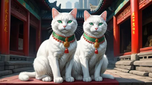 Prompt: two white cats dresssed,royal, jade, traveling China, vibrant, hystorical, intricate details, forbiden city, hyperdetailed, 4k, painting, trending on artstation