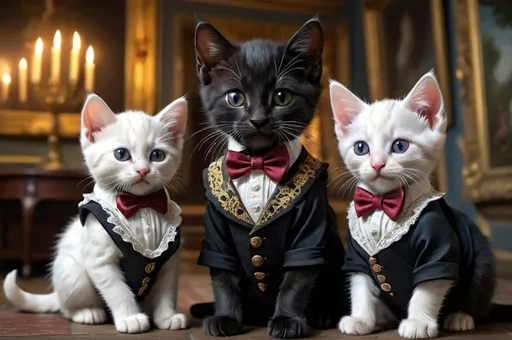 Prompt: 3 black male kittens dressed gentry, and 1 white kitten in a dress, 1800, raveling England, France, lake, glow, mansion, vibrant, grim, romantic, hystorical, intricate details, hyperdetailed, 4k, painting, trending on artstation
