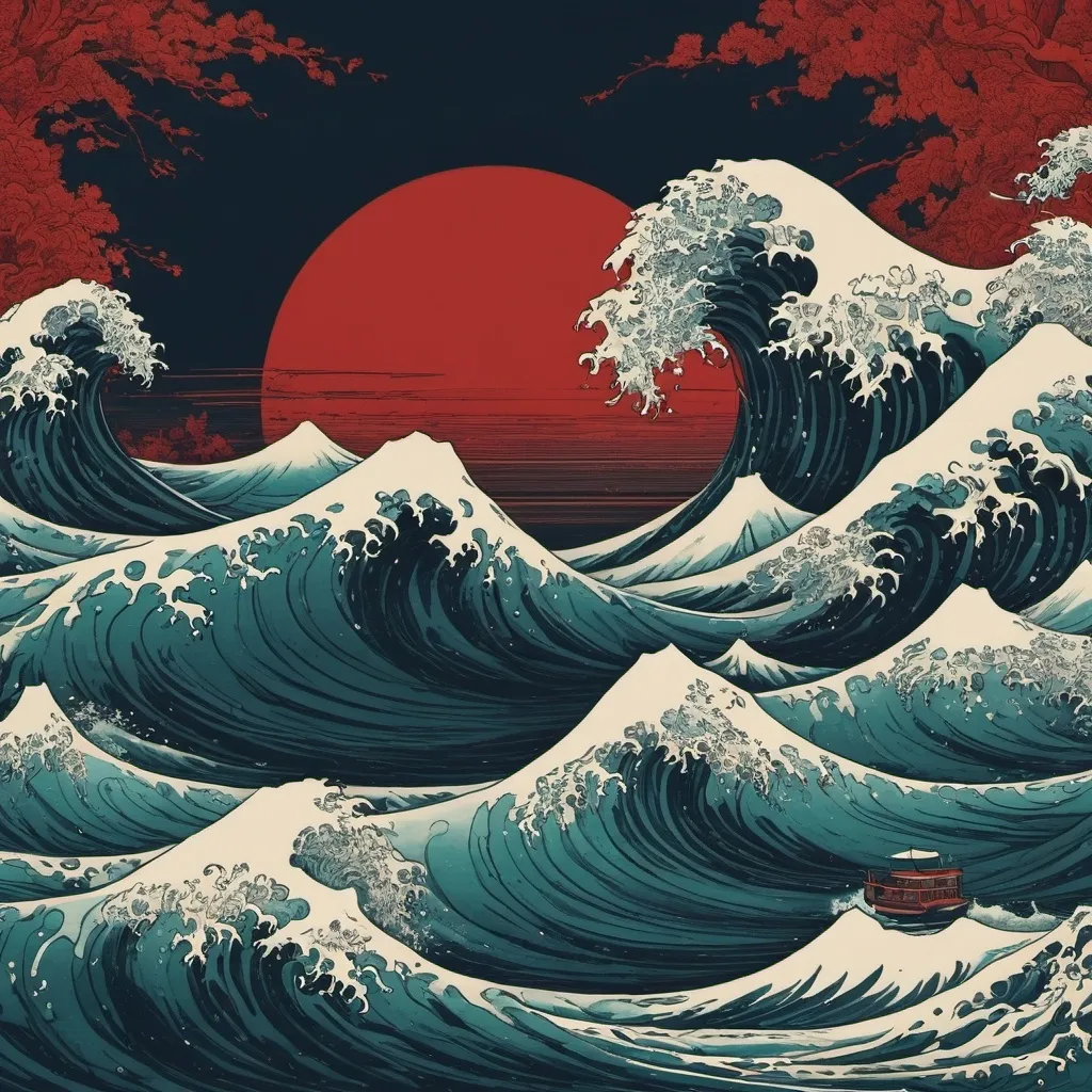 Prompt: seaside scene in Hokusai, Vereshchagin style, red, blue, green background, dark, grim, swerve, swirl, horror, hyperdetailed, ink 8k, hd, painting, trending on artstation 