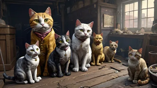 Prompt: cats family dresssed  poor, factory, 1880, traveling England, vibrant, grim, hystorical, intricate details, hyperdetailed, 4k, painting, trending on artstation