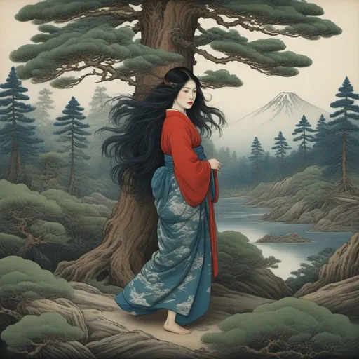 Prompt: Hokusai, Shishkin's pine trees, full body portrait of a woman with long black hair red, blue, green, seaweed, algae, top dow view, dark, grim, horror, hyperdetailed, ink 8k, hd, painting, trending on artstation 
