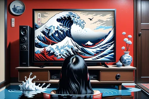 Prompt: Hohokusai, illustarition of woman with black long hair covering her face crowling out of a TV, red, pastel, blue, white,  foam, modern appartment submerged in water, top dow view, dark, grim, horror, hyperdetailed, ink 8k, hd, painting, trending on artstation