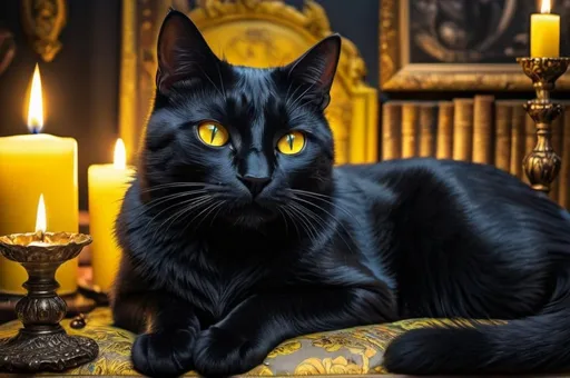 Prompt: black cat with yellow eyes lying on a pillow, boudoir, vibrant, grim, candles, hystorical, intricate details, books, ink, paper, hyperdetailed, 4k, painting, trending on artstation, cinematic