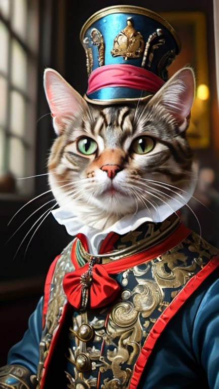 Prompt: cat dressed, 1700, traveling England, vibrant, grim, romantic, hystorical, intricate details, hyperdetailed, 4k, painting, trending on artstation