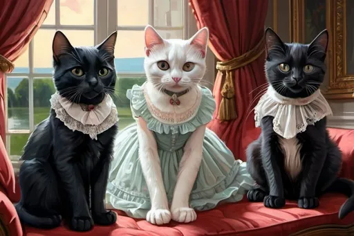 Prompt: black kittens and a white cat in a dress dressed gentry, 1800, France, fat and slim, lake, mansion, swing, vibrant, grim, glow, romantic, hystorical, intricate details, hyperdetailed, 4k, painting, trending on artstation