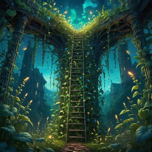 Prompt: looking down beanstalk with a ladder leading up, fantasy field, vibrant, grim, intricate details, fireflies, green and blue glow, hyperdetailed, 4k, painting, trending on artstation