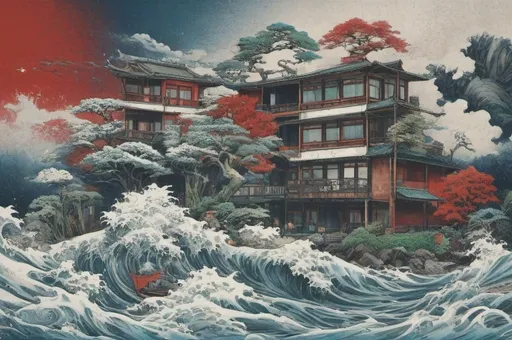 Prompt: Hohokusai, illustarition, red, blue, green, foam, white background, modern appartment submerged in water, top dow view, grim, hyperdetailed, ink 8k, hd, painting, trending on artstation