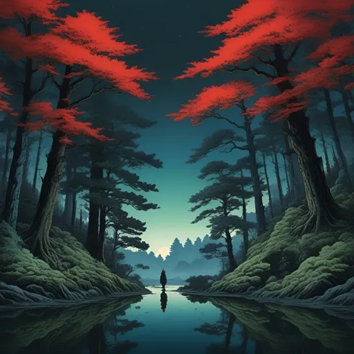 Prompt: Hokusai, forest trees, altar,  silhouettes of people in hoods, classical, 2 points perspective,  red, blue, green, seaweed, algae, top dow view, dark, panorama, grim, horror, hyperdetailed, ink 8k, hd, painting, trending on artstation 