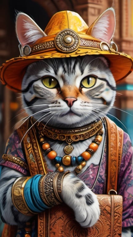 Prompt: a cat dresssed as a tourist traveling India, vibrant, hystorical, grim intricate details, books, ink, paper, hyperdetailed, 4k, painting, trending on artstation