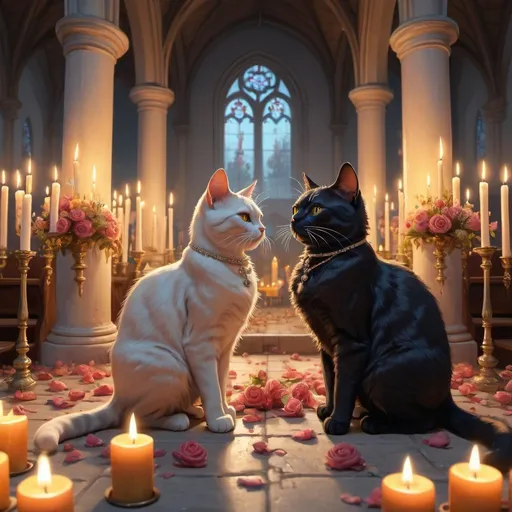 Prompt: cat wedding, France, fat and slim, , church, mansion, vibrant, grim, glow, romantic, candles, hystorical, intricate details, hyperdetailed, 4k, painting, trending on artstation