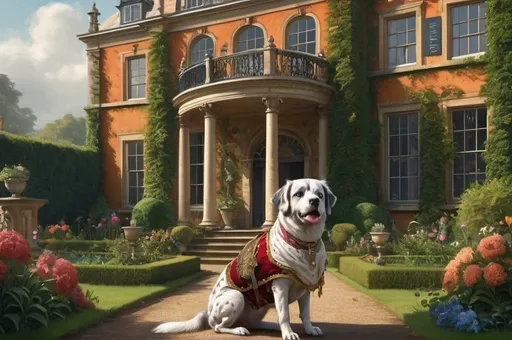 Prompt: dog dressed gentry, 1800, traveling England, garden, mansion, vibrant, grim, romantic, hystorical, intricate details, hyperdetailed, 4k, painting, trending on artstation