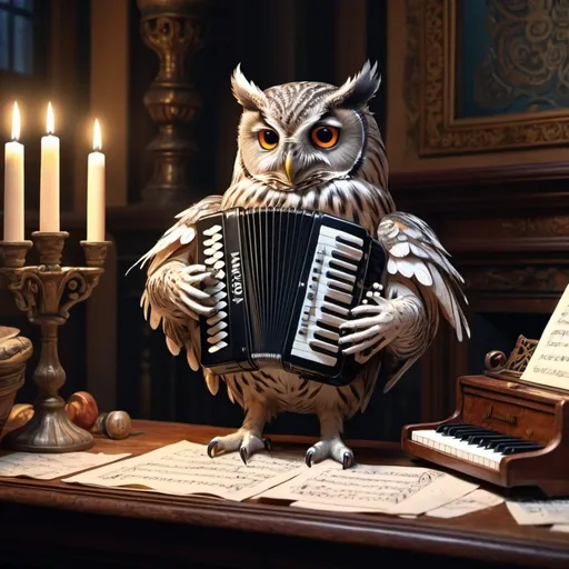 Prompt: an owl dressed  playing accordion, sitting by the piano, drums, vibrant, grim, hystorical, intricate details, note sheets, ink, paper, chimney, candles, glow, hyperdetailed, 4k, painting, trending on artstation