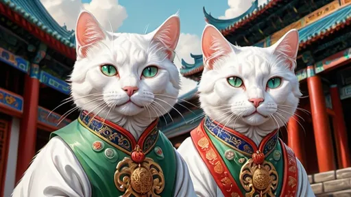 Prompt: two white cats dresssed,royal, jade, traveling China, vibrant, hystorical, intricate details, forbiden city, hyperdetailed, 4k, painting, trending on artstation