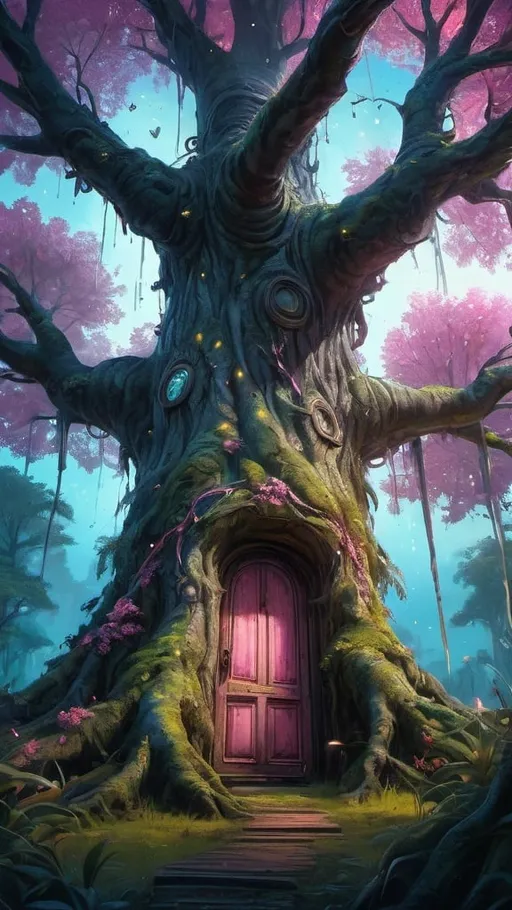 Prompt: looking up big chery tree trank with a door, fantasy forest,swamp, vibrant, grim, intricate details, fireflies, pink blue and yellow glow, hyperdetailed, 4k, painting, trending on artstation