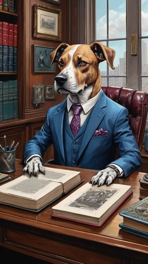 Prompt: dog in suit in his office, vibrant, grim, hystorical, intricate details, books, ink, paper, hyperdetailed, 4k, painting, trending on artstation