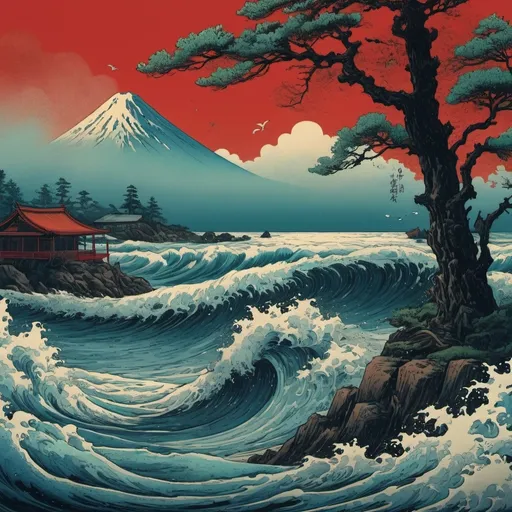 Prompt: seaside scene in Hokusai, Vereshchagin style, red, blue, green background, dark, grim, swerve, swirl, horror, hyperdetailed, ink 8k, hd, painting, trending on artstation 