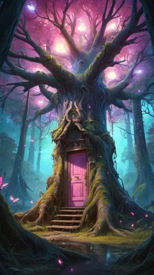 Prompt: looking up big chery tree trank with a door, fantasy forest,swamp, vibrant, grim, intricate details, fireflies, pink blue and yellow glow, hyperdetailed, 4k, painting, trending on artstation