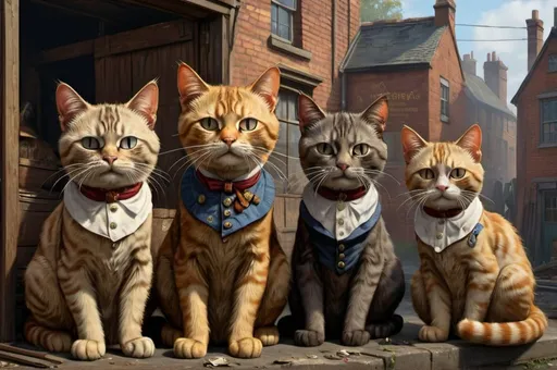 Prompt: cats family dresssed  poor, factory, 1880, traveling England, vibrant, grim, hystorical, intricate details, hyperdetailed, 4k, painting, trending on artstation