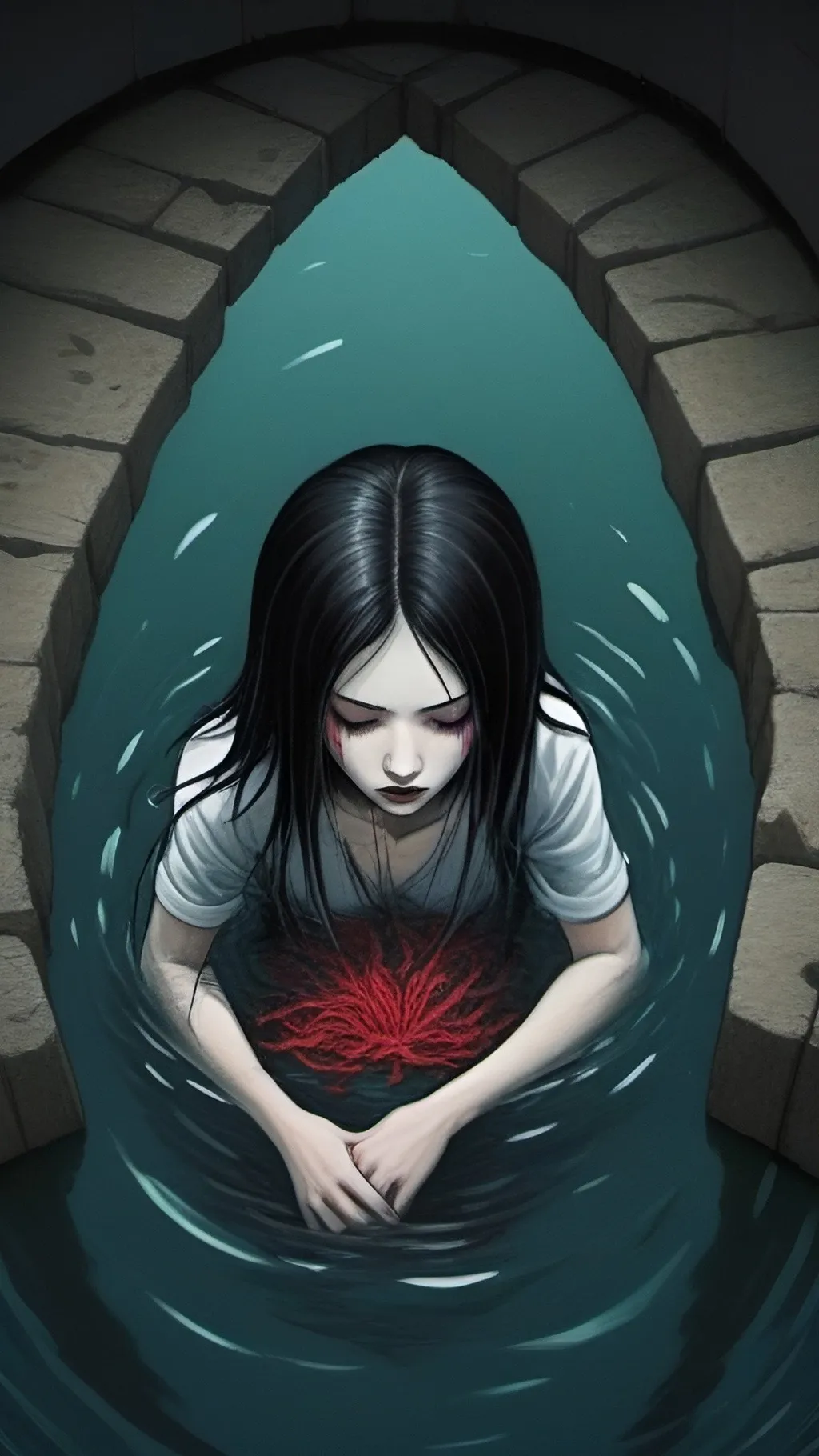 Prompt: illustarition of a woman with black long hair crowling out of a well, red, pastel, blue, white, green, seaweed, algae, modern appartment submerged in water, top dow view, dark, grim, horror, hyperdetailed, ink 8k, hd, painting, trending on artstation
Negative prompt