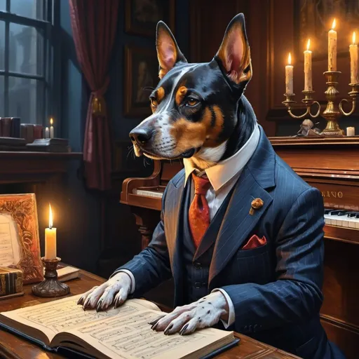 Prompt: dog in suit by the piano, vibrant, grim, hystorical, intricate details, books, note sheets, ink, paper, chimney, candles, glow, hyperdetailed, 4k, painting, trending on artstation