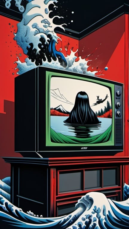 Prompt: Hohokusai, illustarition of woman with black long hair covering her face crowling out of a TV, red, blue, green, foam, modern appartment submerged in water, top dow view, dark, grim, horror, hyperdetailed, ink 8k, hd, painting, trending on artstation