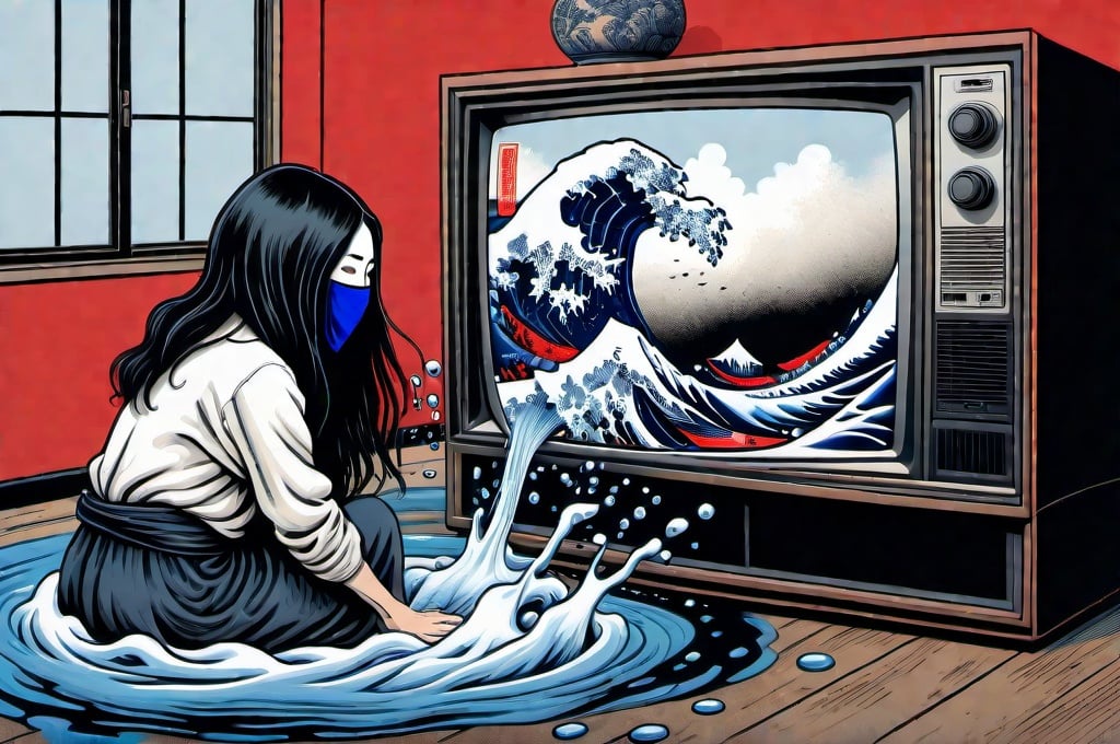 Prompt: Hohokusai, illustarition of woman with black long hair covering her face crowling out of a TV, red, blue, white,  foam, modern appartment submerged in water, top dow view, dark, grim, horror, hyperdetailed, ink 8k, hd, painting, trending on artstation